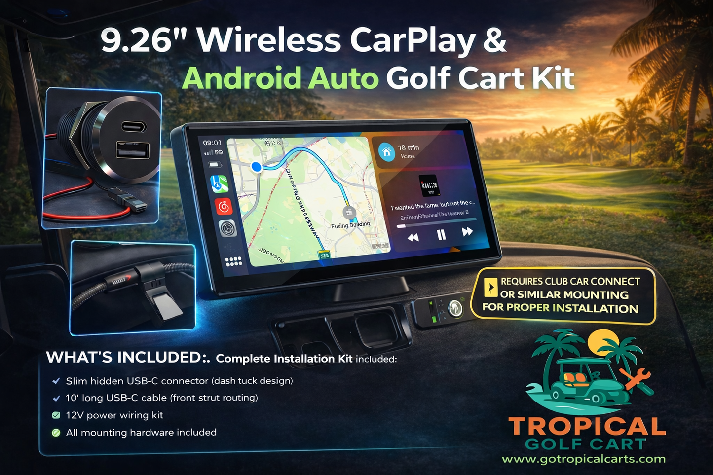 9.26” Wireless CarPlay & Android Auto Touch Screen for Golf Carts & Vehicles – Portable GPS Stereo with Bluetooth & Voice Control