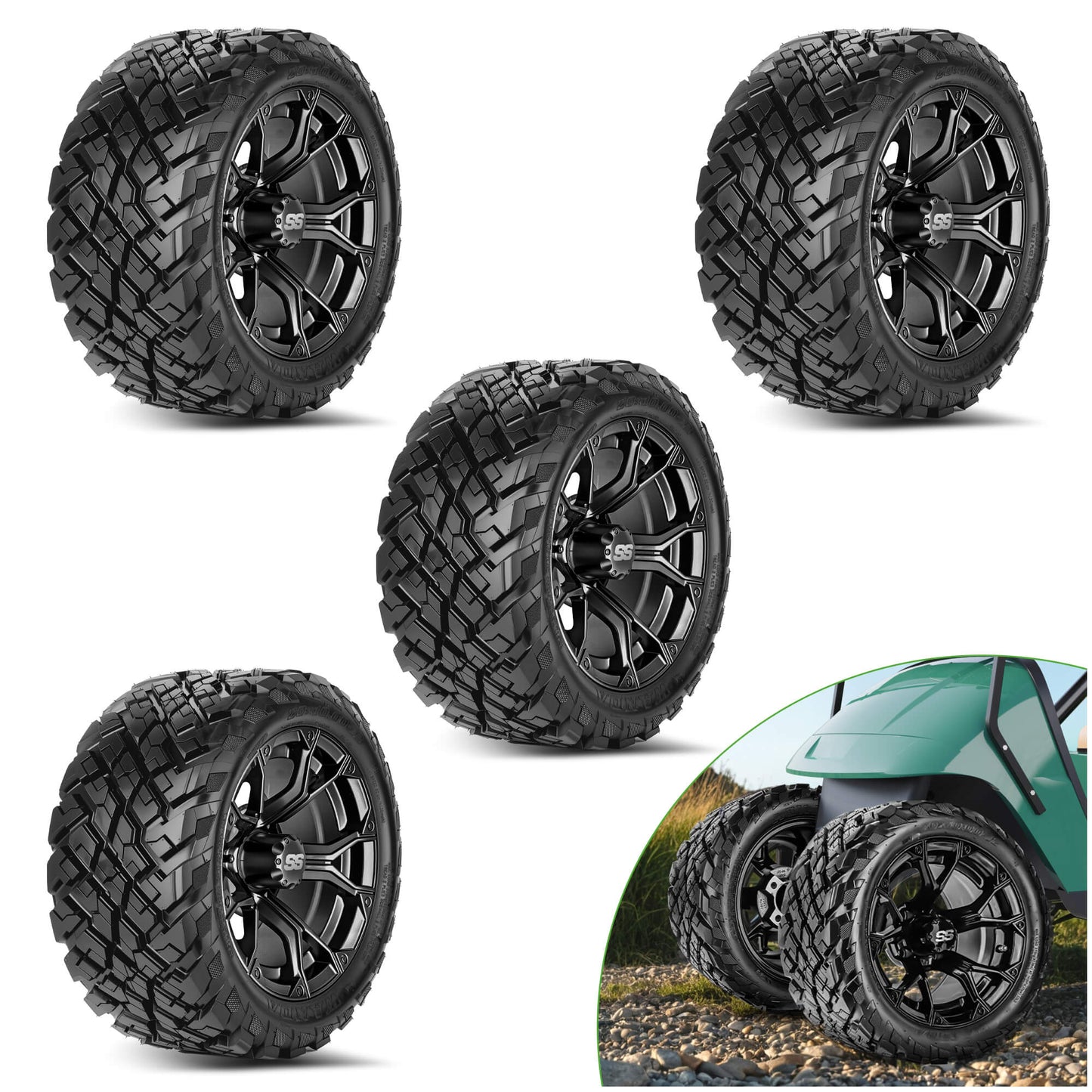 12"/14" Golf Cart Wheels and Tires Set (4-Pack) – All-Terrain/Street Tires w/ SS Caps – Fits EZGO, Club Car, Yamaha - 10L0L