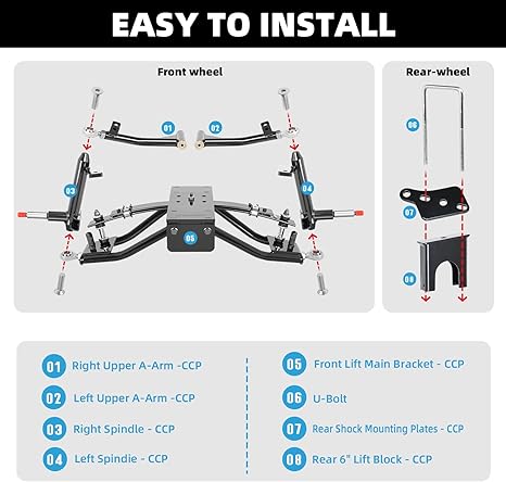 NOKINS 6" A-Arm Lift Kit for Club Car Precedent, Tempo & Onward (2004-Up) | Electric & Gas Golf Cart Lift Kit w/ Steering Stop Design