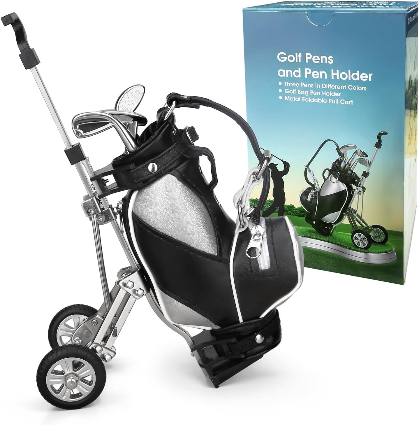 Golf Bag Pen Holder Set - 3 Club Pens with Movable Push Cart (Perfect Golf Lover Gift)