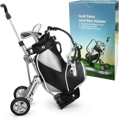 Golf Bag Pen Holder Set - 3 Club Pens with Movable Push Cart (Perfect Golf Lover Gift)