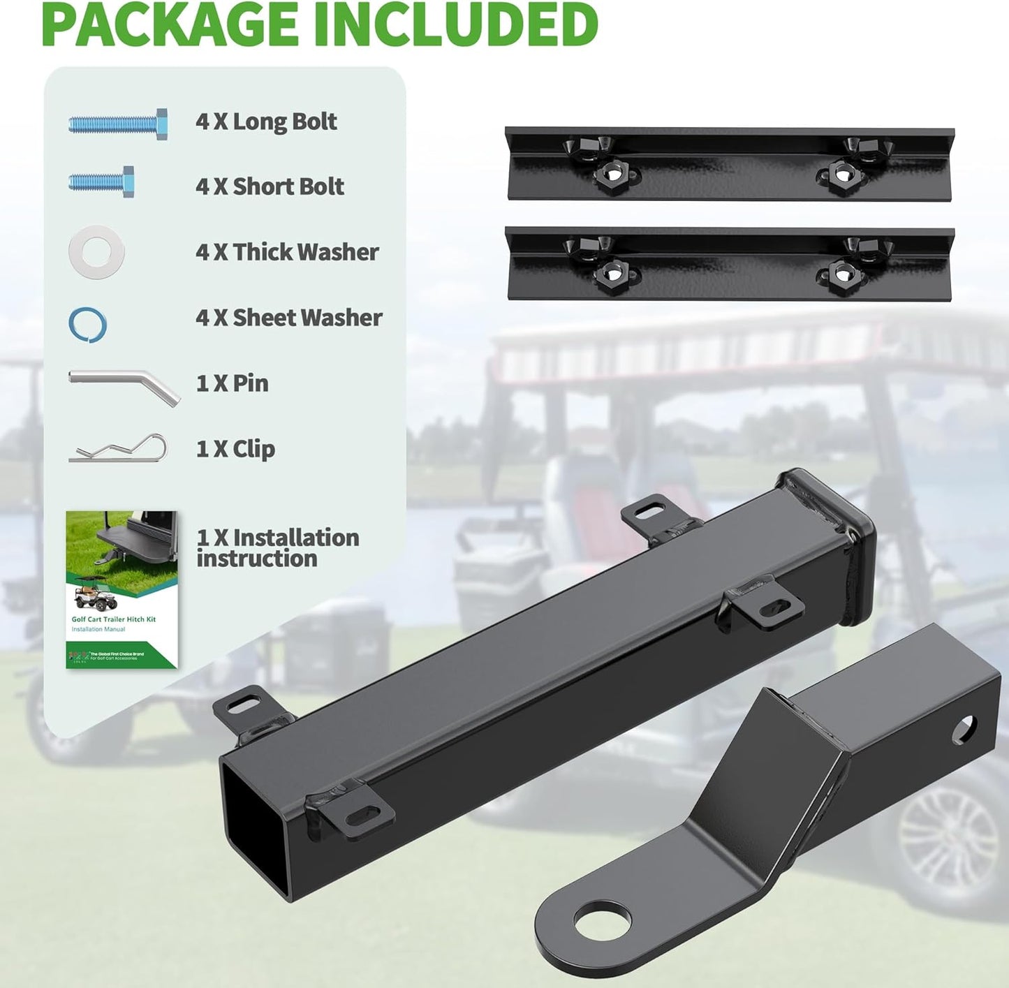 Heavy Duty Golf Cart Trailer Hitch Kit with 2" Receiver for Yamaha, EZGO, Club Car - Easy Installation