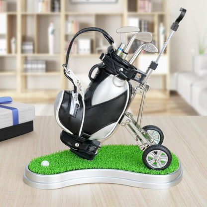 Golf Bag Pen Holder Set - 3 Club Pens with Movable Push Cart (Perfect Golf Lover Gift)