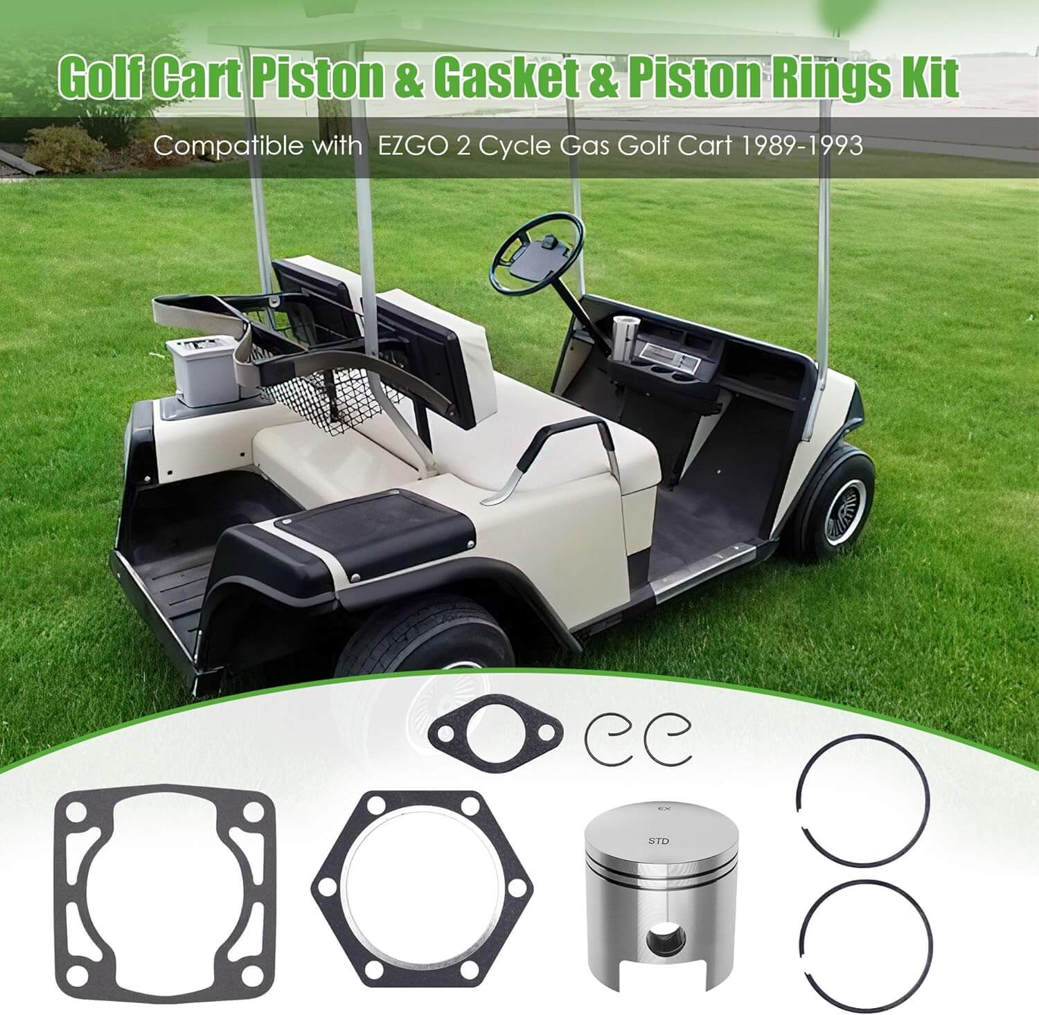 10L0L Golf Cart Piston & Gasket & Piston Rings Kit Compatible with EZGO 2 Cycle 1989-1993