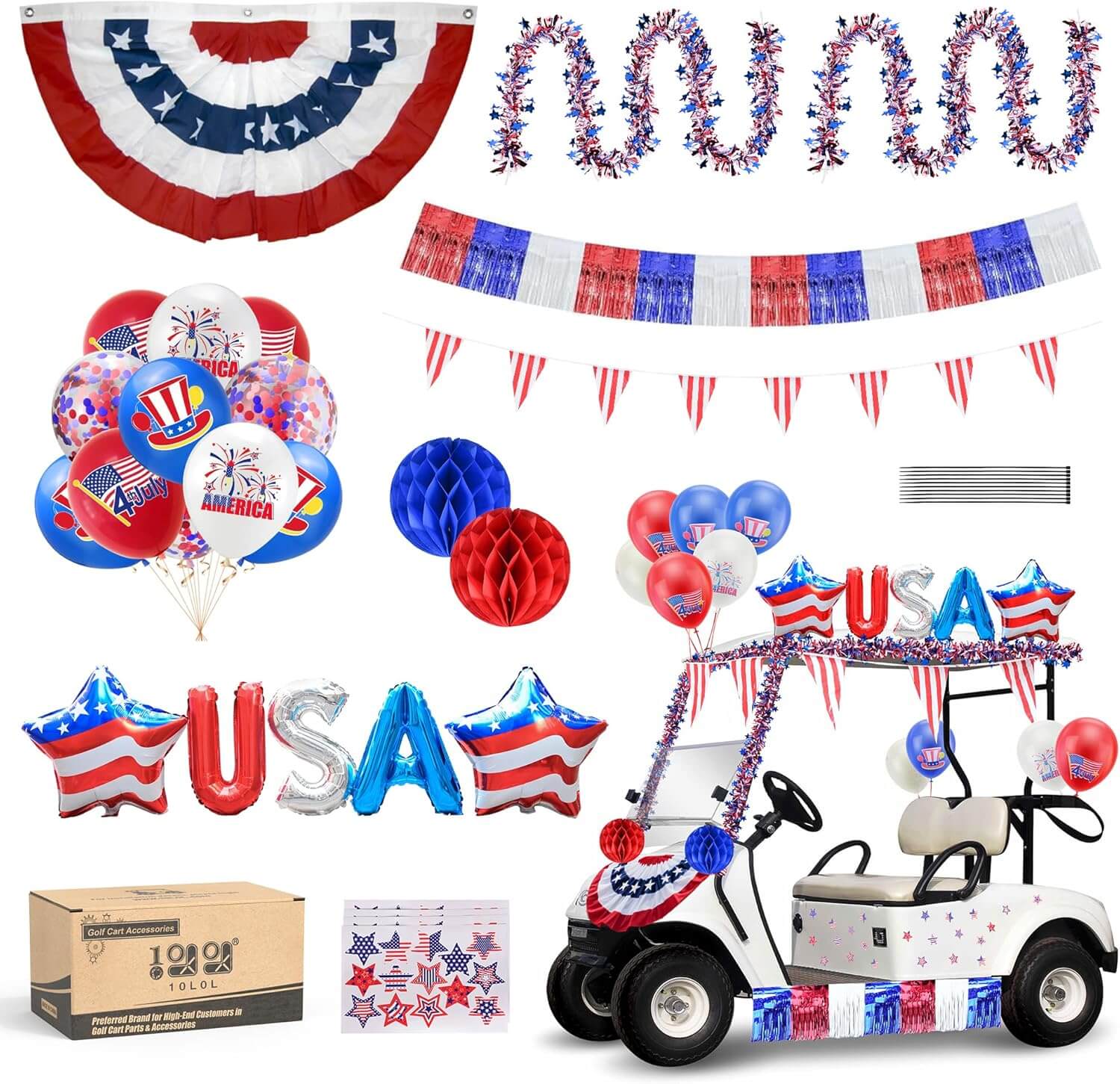 4th of July Golf Cart Decoration Kit – All-in-One Patriotic Parade Decor