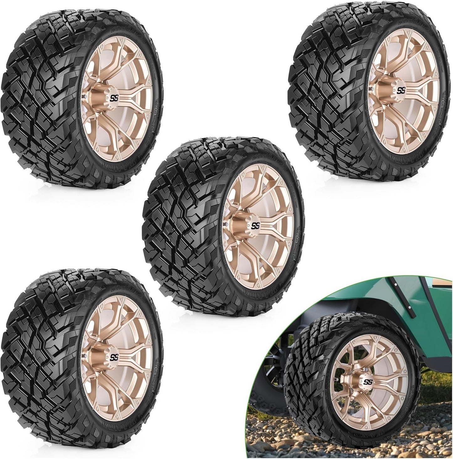 12"/14" Golf Cart Wheels and Tires Set (4-Pack) – All-Terrain/Street Tires w/ SS Caps – Fits EZGO, Club Car, Yamaha - 10L0L