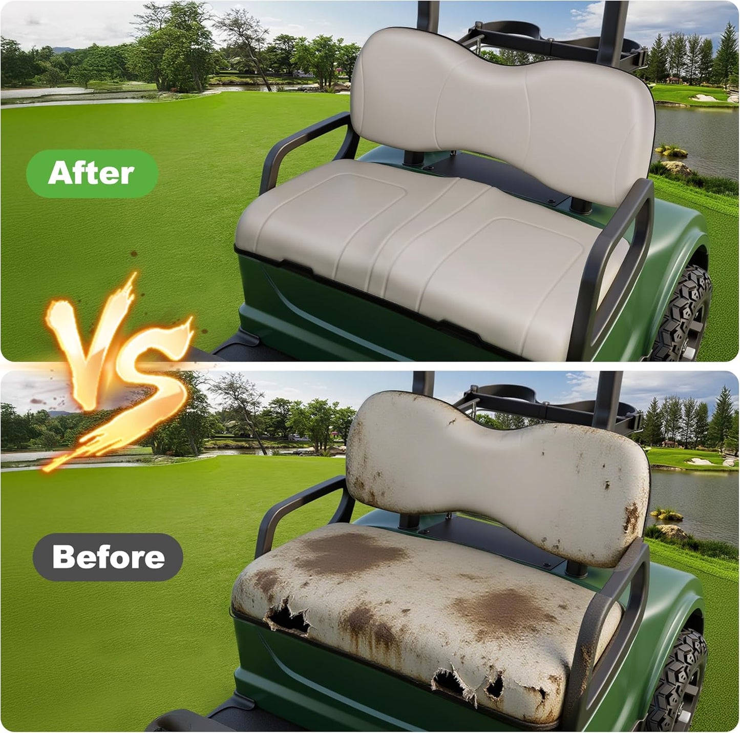Golf cart front seat comparison between old and new