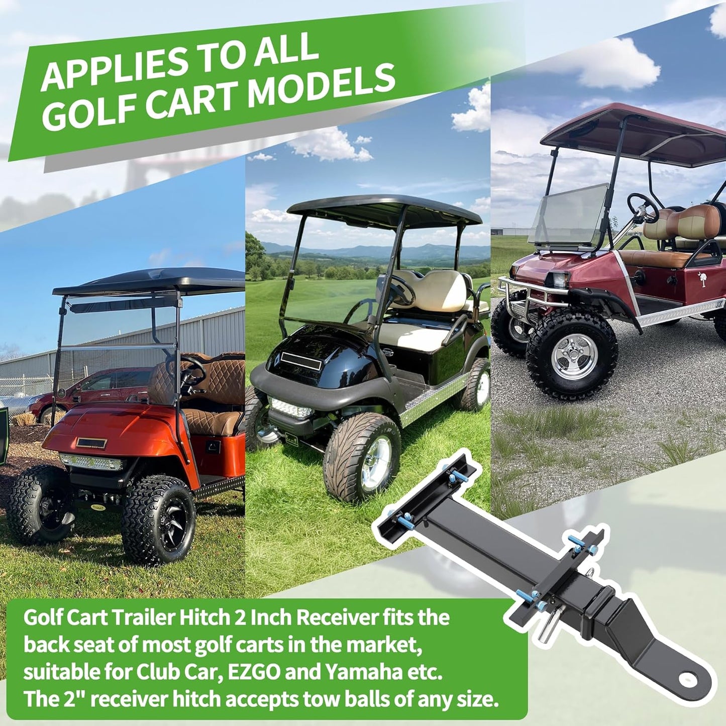 Heavy Duty Golf Cart Trailer Hitch Kit with 2" Receiver for Yamaha, EZGO, Club Car - Easy Installation