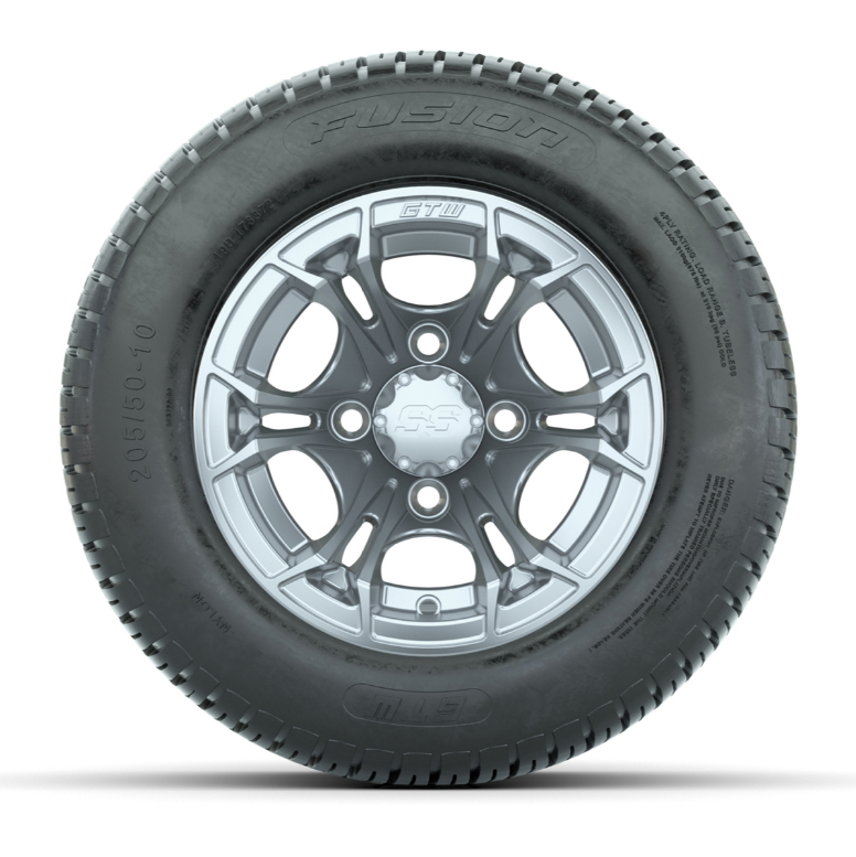 GTW Spyder 10” Silver Brush Golf Cart Wheels & 205/50-10 Tires Combo (Set of 4)