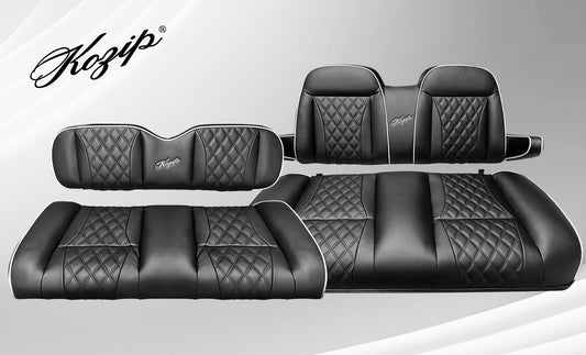 Kozip Aeris Front Seat Cushion Set – Black Base with White Piping – Black Cross Stitch for Club Car Precedent (2004-2018) / Club Car Tempo (2018-up) / Club Car Onward (2017-up)