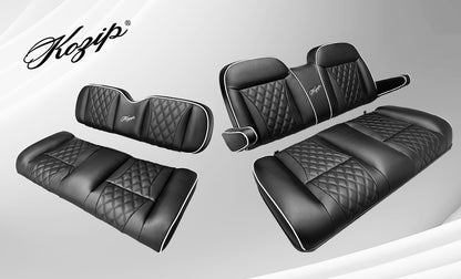 Kozip Aeris Front Seat Cushion Set – Black Base with White Piping – Black Cross Stitch for Club Car Precedent (2004-2018) / Club Car Tempo (2018-up) / Club Car Onward (2017-up)