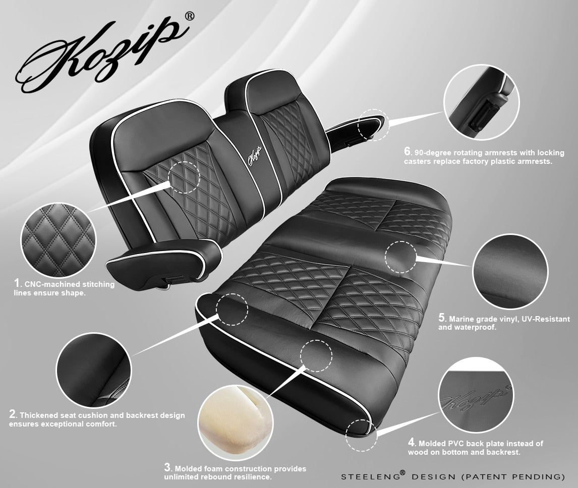 Kozip Aeris Front Seat Cushion Set – Black Base with White Piping – Black Cross Stitch for Club Car Precedent (2004-2018) / Club Car Tempo (2018-up) / Club Car Onward (2017-up)