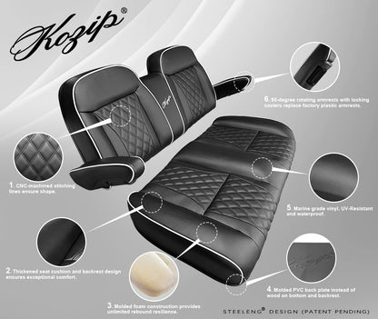Kozip Aeris Front Seat Cushion Set – Black Base with White Piping – Black Cross Stitch for Club Car Precedent (2004-2018) / Club Car Tempo (2018-up) / Club Car Onward (2017-up)