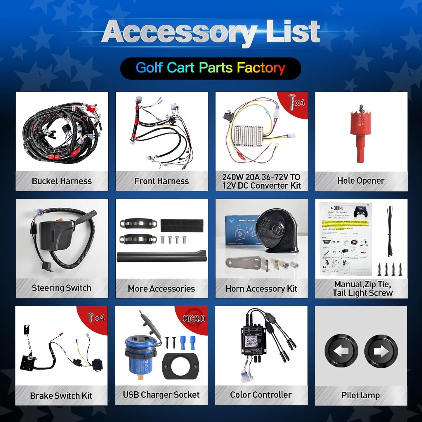 Nokins RGB LED Light Kit for Club Car Tempo 2018+ | App-Controlled Multi-Color Lights, DRL, Sequential Turn Signals & Taillights