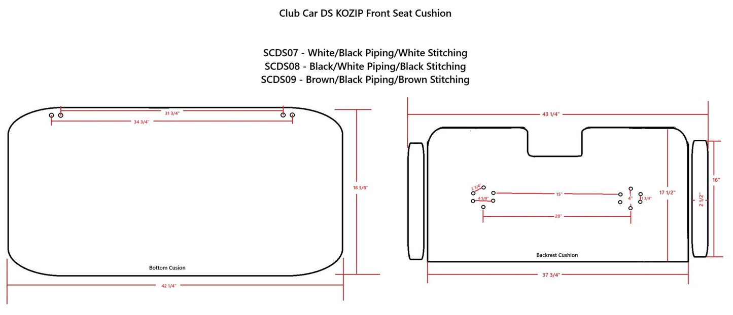 Kozip Aeris Front Seat Cushion Set – Black Base with White Piping – Black Cross Stitch for Club Car Precedent (2004-2018) / Club Car Tempo (2018-up) / Club Car Onward (2017-up)