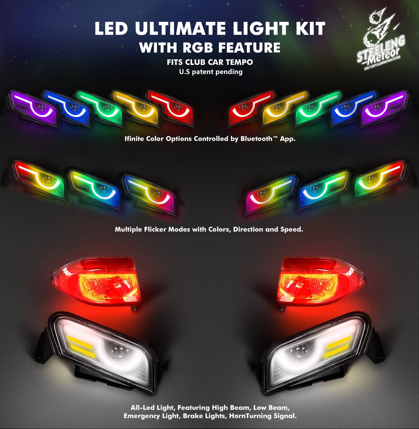 STEELENG Meteor LED Light Kit for Club Car Tempo & Onward 12V – Ultimate Golf Cart Lighting Upgrade (Headlights, Taillights, Turn Signals)