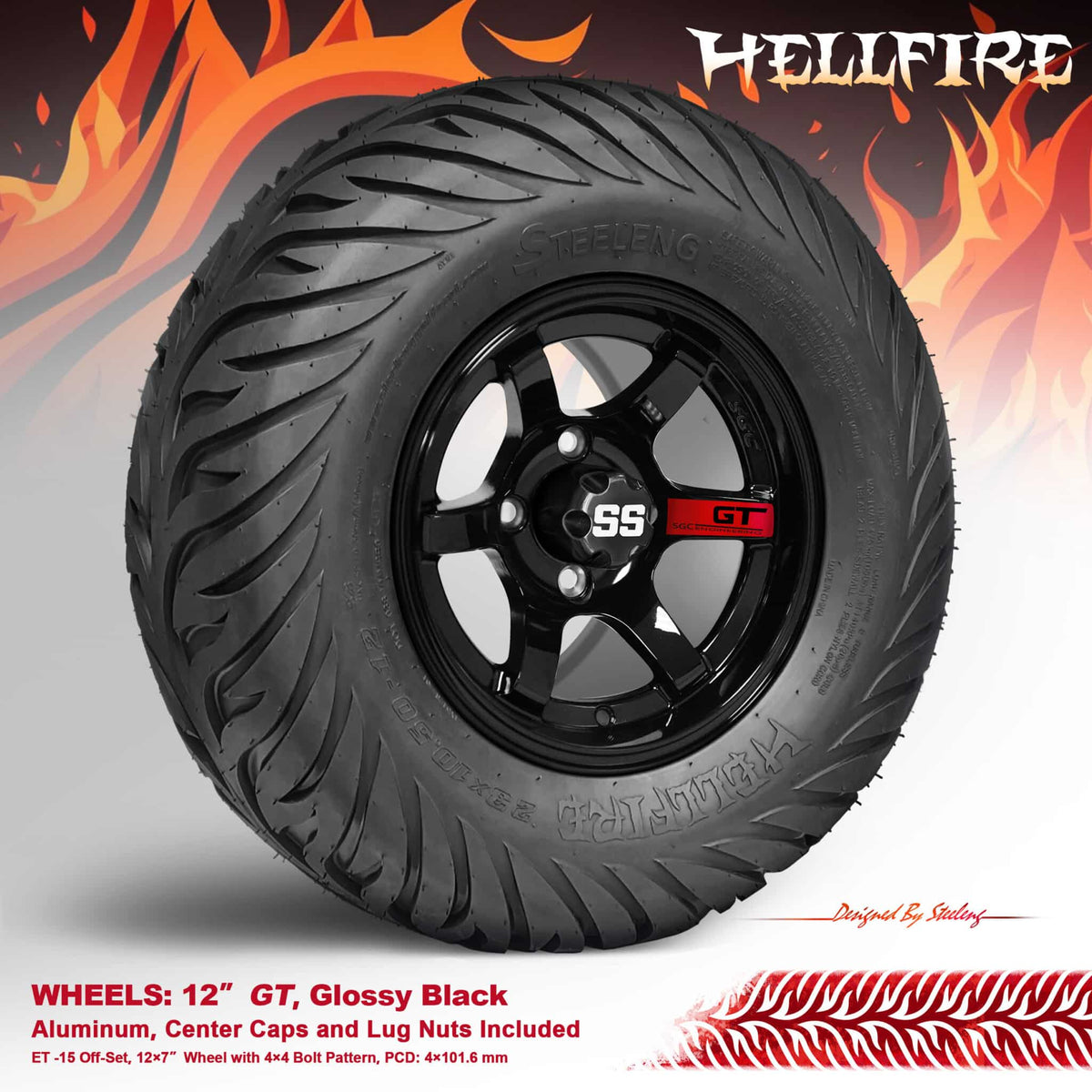 SGC 12″ GT Glossy Black Wheels & 23″ HELLFIRE Street Tires | Golf Cart Wheel & Tire Combo