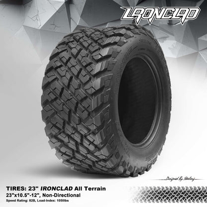 SGC 12″ GT Glossy Black Wheels & 23″ Ironclad Hybrid AT Tires | Golf Cart Wheel & Tire Combo
