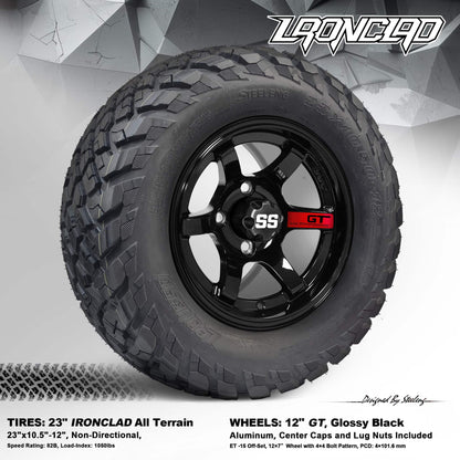 SGC 12″ GT Glossy Black Wheels & 23″ Ironclad Hybrid AT Tires | Golf Cart Wheel & Tire Combo
