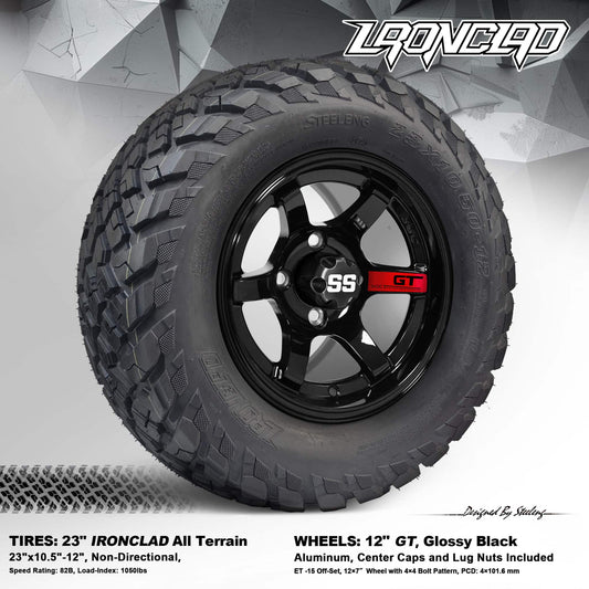 SGC 12″ GT Glossy Black Wheels & 23″ Ironclad Hybrid AT Tires | Golf Cart Wheel & Tire Combo