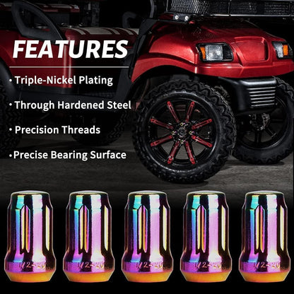 Colorful golf cart wheel lug nuts display effect